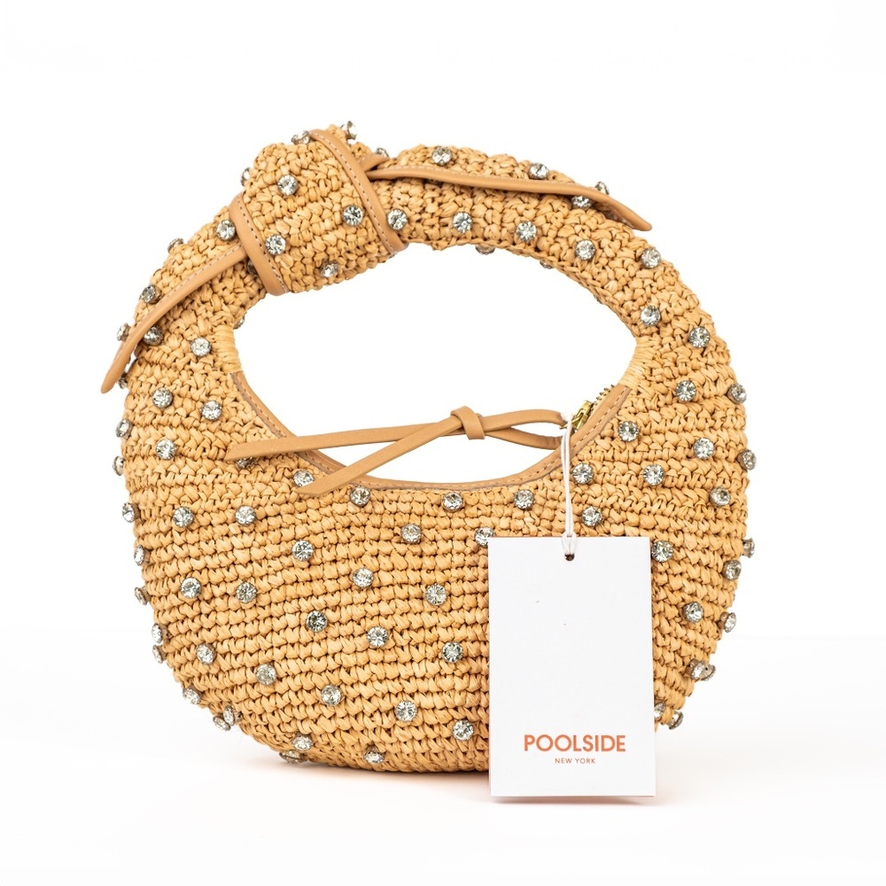 NWT Poolside Josie Bling Raffia Top-Handle Knotted Bag Crystals Natural - Picture 5 of 8